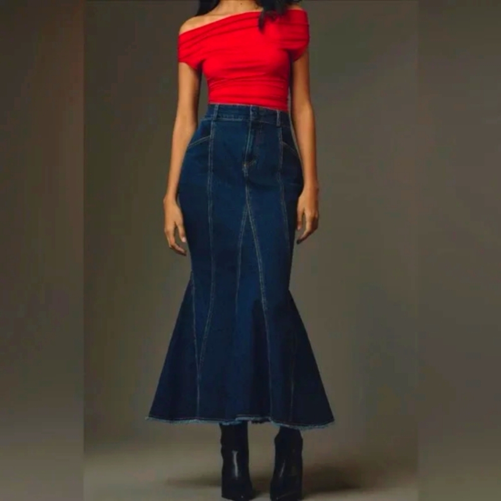 flared denim maxi